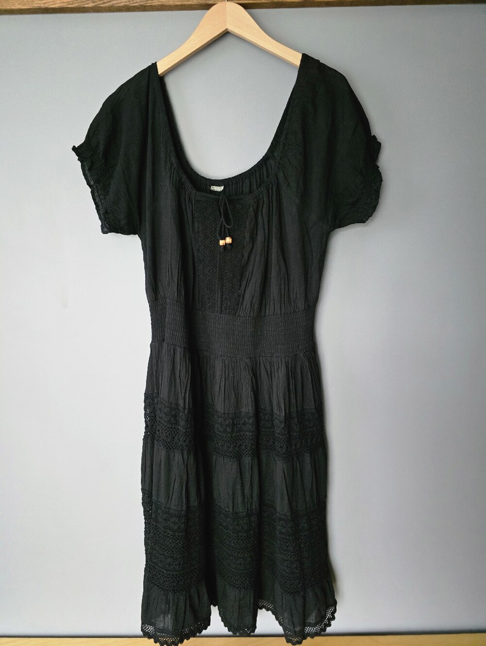 Black Boho Peasant Midi Scoop Neck Smocked Waist Dress Crochet Lace Trim